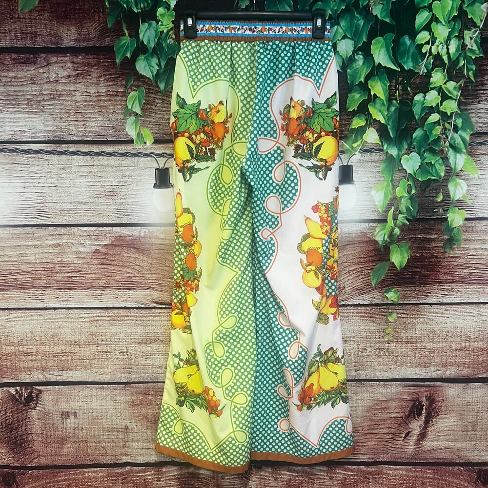 Lemonis Printed Wide Leg Pants XS Fruit Polka Dot Bright Floral Festival Island - Picture 6 of 6